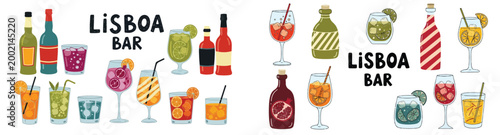 Lisboa Bar Cocktails and Drinks Illustration Set; Hand-Drawn Alcoholic Beverage Icons for Menu Design and Lisbon Travel