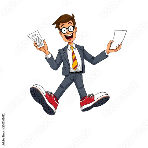 Funny businessman juggling papers jumping energetic office cartoon