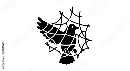 Isolated black silhouette vector illustration of a miniature wooden pirate ship caught in a spider web on a starry sea