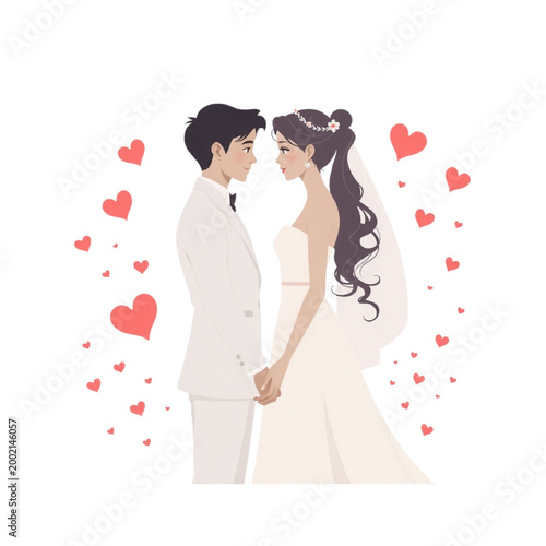 Romantic bride and groom holding hands with hearts wedding illustration, vector style