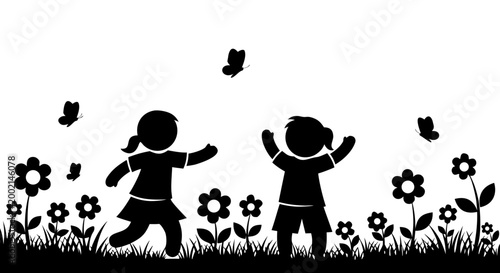 Silhouette illustration of a happy family and kids playing with a ball in the grass park featuring a mother and boy having fun with sports
