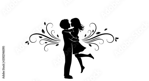 Vector illustration of a beautiful girl with butterfly and floral hair pattern dancing in a black silhouette fashion dress