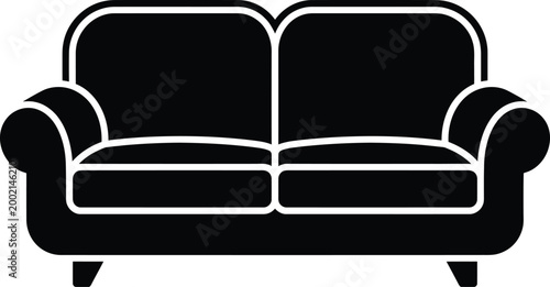 Minimalist vector graphic illustration of a cozy two seat sofa featuring a solid black silhouette design for modern interior decor project concepts