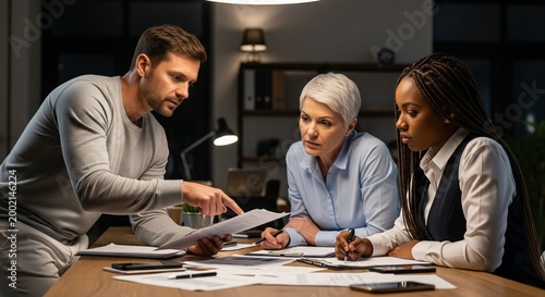 Diverse team collaborating on documents at a desk in a modern late at night, working together