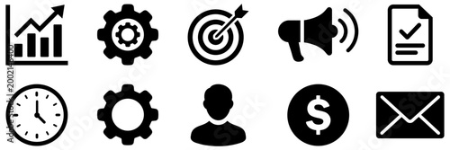 Business ui icons set featuring chart gear target speaker checklist clock user money email symbols. Ideal for dashboard, finance, marketing, analytics, settings, communication apps. vector, icons,
