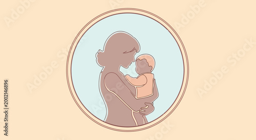 Minimalist, serene line art silhouette of a mother tenderly cradling her infant, capturing the gentle bond of maternal love and care, set within a soft, pastel-toned circle on a warm beige b