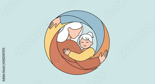 Generations embrace within a comforting circular emblem of love, depicting a tender moment of family connection between a grandmother and child in a stylized, minimalist art style.
