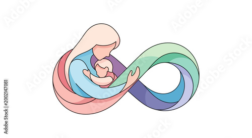 Embrace of Eternal Love Stylized mother tenderly cradling infant within a flowing, colorful infinity symbol representing unending connection and maternal devotion in abstract art.