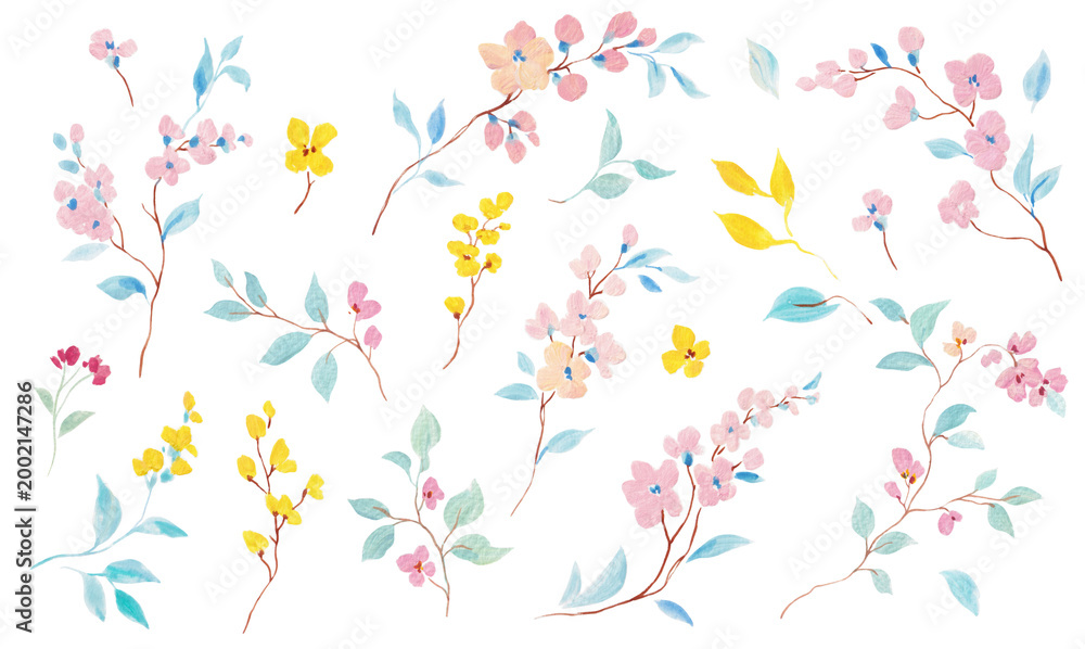 Naklejka premium Watercolor Floral Branches Clipart Set Spring Flowers Leaves Botanical Elements Hand Painted Isolated Design Collection