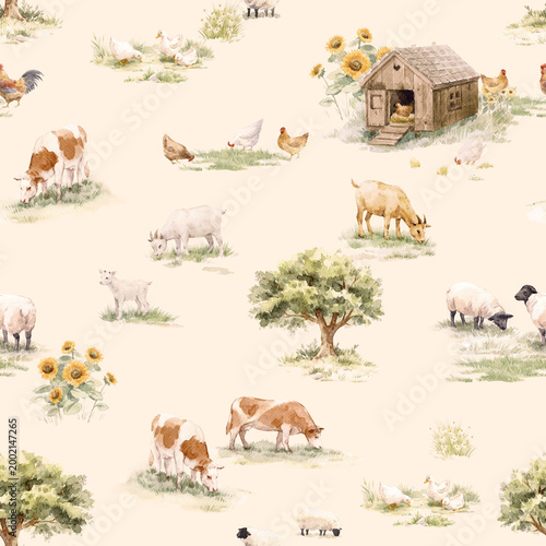 Premium Nursery Farm Animals Seamless Pattern Watercolor Countryside Baby Room Farmhouse Design