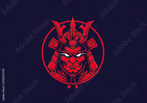 Red samurai warrior mascot logo with kabuto helmet and skull