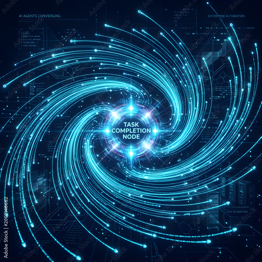 Obraz premium Dynamic visualization of task completion node in a digital network galaxy