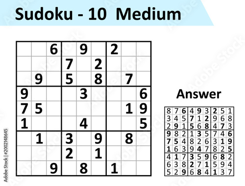 Sudoku game with answers. Simple vector design set Sudoku. Blank template. Complexity of the task is medium.