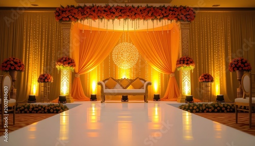 Maharashtrian haldi theme indian wedding stage decoration with turmeric tones