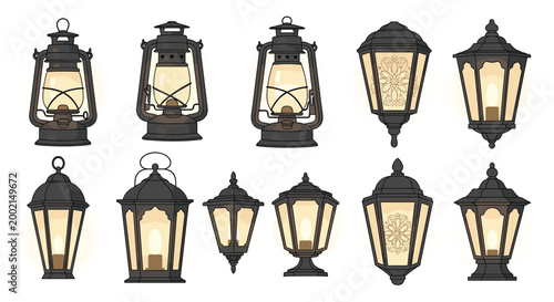 Assortment of classic vintage lanterns and antique street lamps with glowing warm light depicted in a detailed artistic style.
