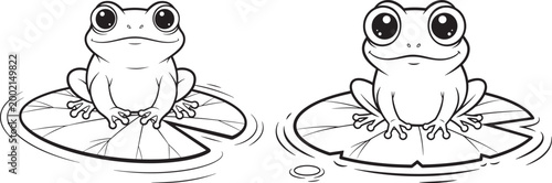 Cute cartoon frogs sitting on lily pads line art drawing for children with lily pad black white amphibian coloring education illustration wildlife creature environment identical template