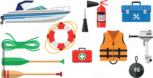 Vector Illustration of Boating and Safety Gear Including Boat, Life Jacket, Fire Extinguisher, First Aid Kit, and Oars on White Background