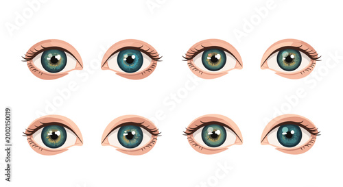 Set of eight different pairs of realistic human eyes showing various colors and expressions including blue, green, and hazel.