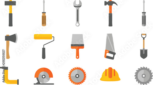 Construction and hand tool icons with hammer, saw, roller and helmet for building and repair vector projects