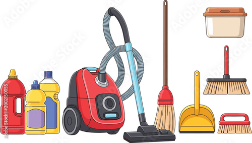 Household cleaning supplies with vacuum, mop, broom and detergent bottles for hygiene vector projects