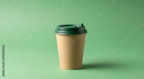 Brown paper disposable coffee cup with green plastic lid on green background  for hot beverages onthego  ecofriendly takeaway container