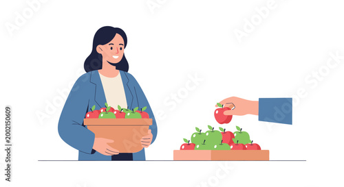 Earth Day celebration with woman offering fresh produce from a basket to promote sustainability and healthy eating habits outdoors on a table