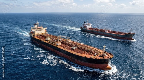 Aerial view of two large oil tankers and tugboats sailing in the open ocean