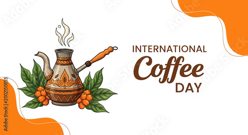 International Coffee Day celebration with traditional coffee pot and beans  coffee culture
