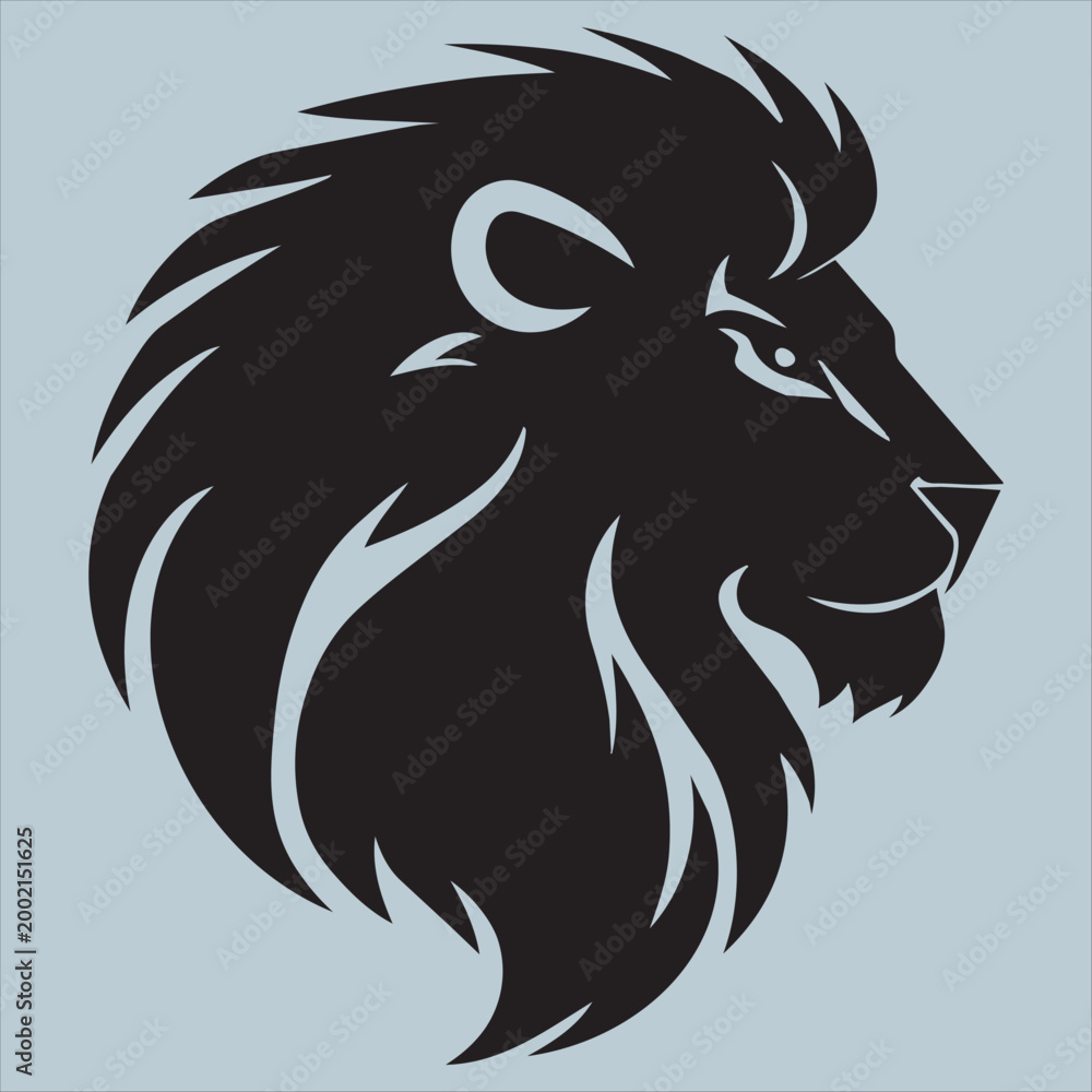 Fototapeta premium A black lion head silhouette on a light blue background with detailed mane