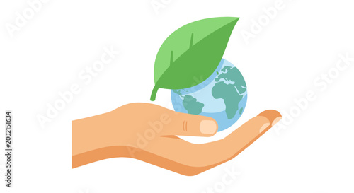 Celebrating Earth Day with a hand holding the green globe and leaf symbolizing nature and environmental conservation efforts worldwide today.