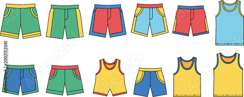 Sportswear Collection with Shorts and Tank Tops in Colorful Designs for Fitness, Summer Outfit, Activewear, and Casual Clothing Illustration