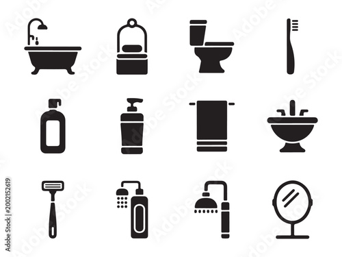 Bathroom Essentials Icon Set Vector Illustration, Toiletries and Sanitary Symbols, Bath Accessories Pack isolated on White Background