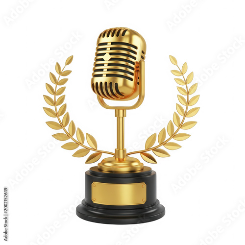 Golden microphone trophy with laurel wreath microphone champion achievement competition broadcasting performance excellence background decoration as PNG element
