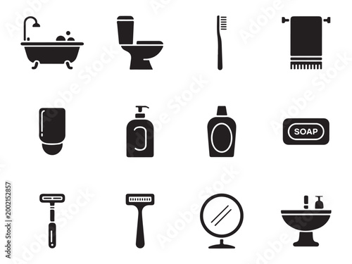 Bathroom Essentials Silhouette Icon Set Vector Illustration, Black Toiletries and Sanitary Symbols, Bath Accessories Pack isolated on White Background