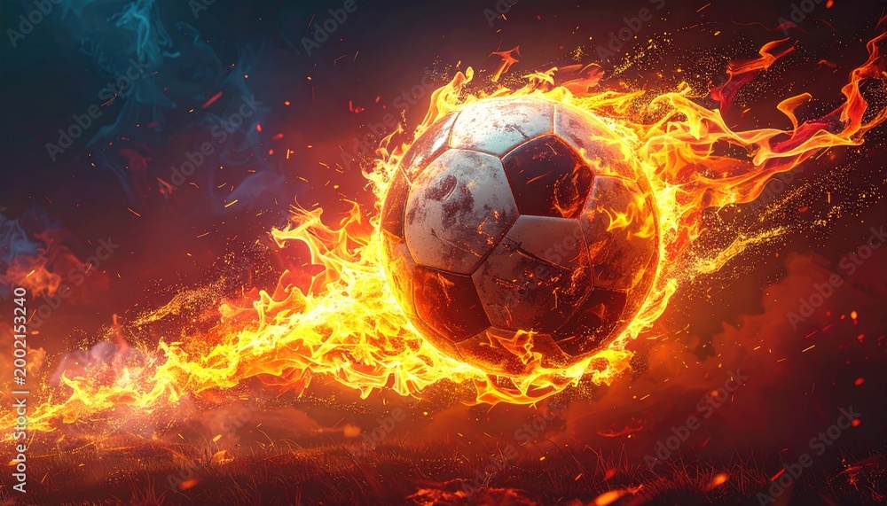 Fototapeta premium Fiery soccer ball glowing in flames dynamic sports illustration concept