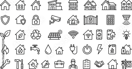 Home, Security, and Maintenance Icons Set Featuring Houses, Solar Panels, Plumbing, Smart Home Devices, and DIY Tools for Home Improvement Graphics
