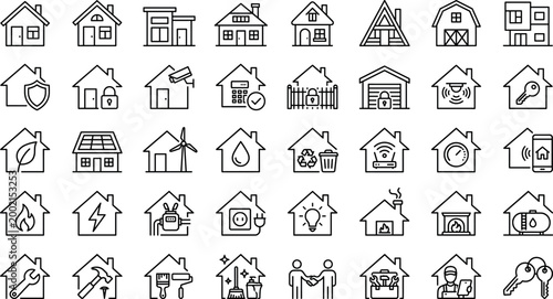 Home, Security, and Eco-Friendly Icons Set Featuring Solar Panels, Water Conservation, Smart Devices, and Home Maintenance for Sustainable Living Graphics
