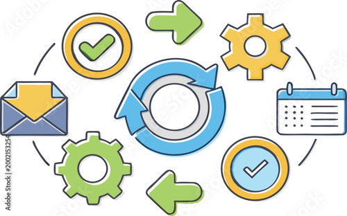 Sync process, icon reload set, circle arrow with gear wheel, recycling, renewal, refresh processing.