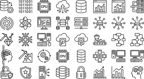 Technology, Data, and AI Icons Set Featuring Cloud Computing, CPUs, Cybersecurity, Data Analytics, and Machine Learning for IT and Tech Graphics