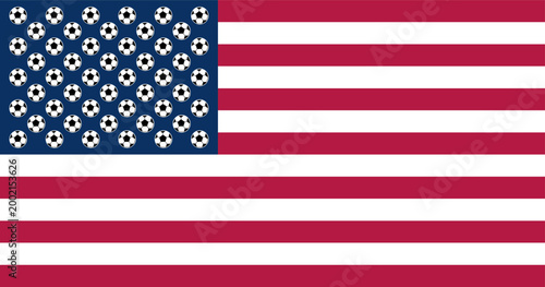 Flag of the United States of America with 13 stripes and 50 soccer balls instead of stars.