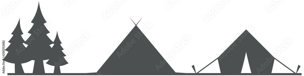 Fototapeta premium Camping scene set trees tent outdoor nature silhouettes vector illustration
