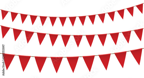 Festive vector illustration of three rows of red triangular pennants on thin rope. Dynamic arrangement creating celebratory atmosphere. Ideal for event promotions party decorations or website headers.