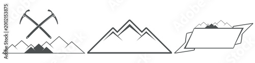 Mountain logo set with ice axes and abstract peaks vector illustration