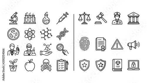 Science & Law Line Icons Set on Transparent Background, science, law, science icons, law icons, research, laboratory, lab equipment, microscope, test tubes, flask, syringe, petri dish, atom, molecule,