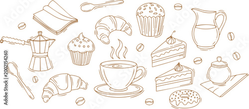 Bakery Products and Pastry Doodle Line Art Vector Illustration Set
