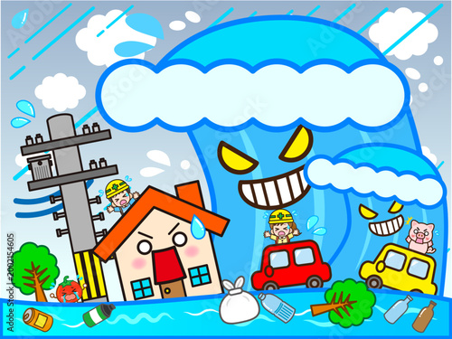 	津波に襲われる街と地域住民のイラスト素材