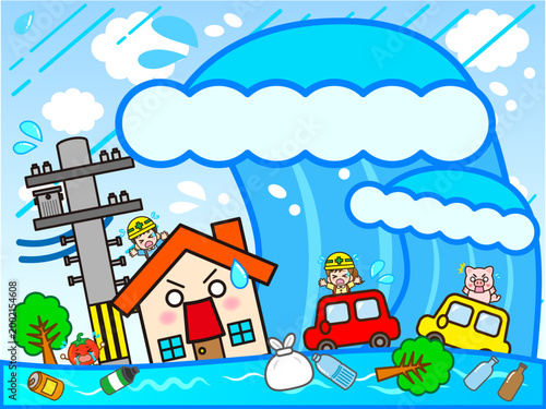 	津波に襲われる街と地域住民のイラスト素材2