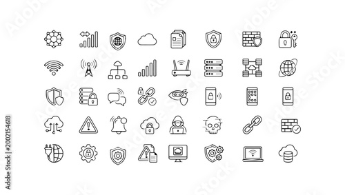 Internet Connectivity & Cybersecurity Line Icons Set on Transparent Background, internet, cybersecurity, network, networking, wifi, wireless, router, signal, connection, connectivity, cloud, 