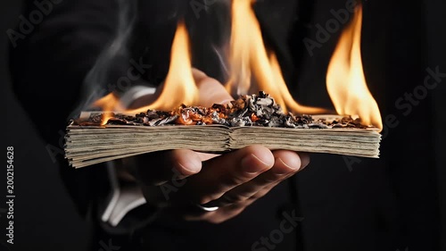 A hand holds a stack of money engulfed in flames, symbolizing financial loss, destruction, or a risky investment.