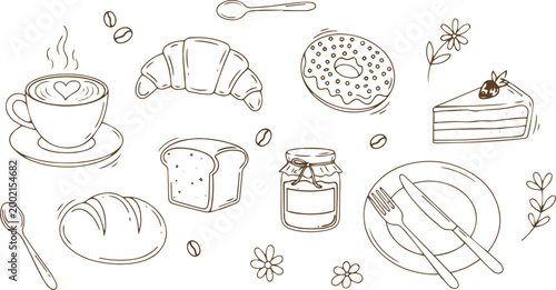 Bakery Products and Pastry Doodle Line Art Vector Illustration Set